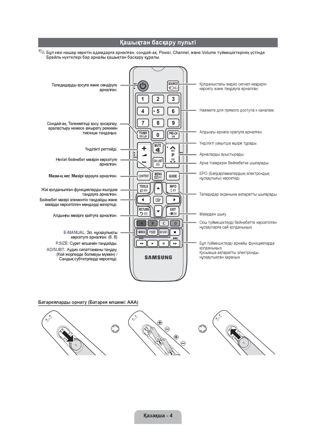 Samsung UE32FH4003WXRU manual Қашықтан басқару пульті, Батареяларды орнату Батарея өлшемі AAA, Мәзірден шығу 