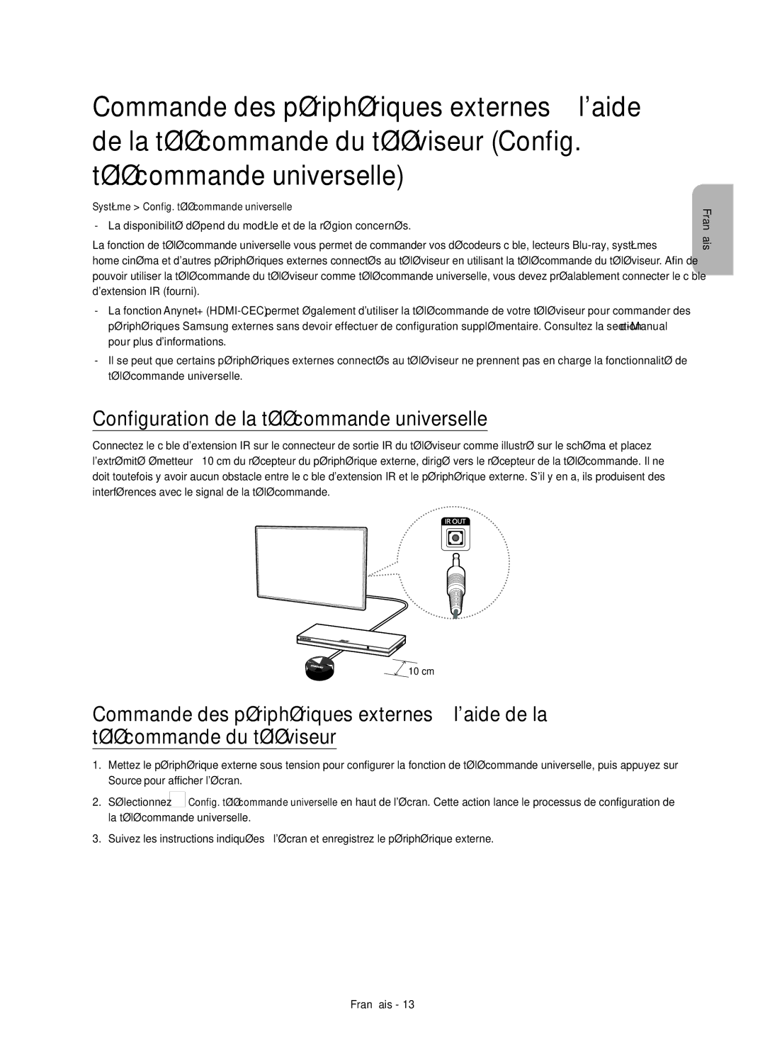 Samsung UE32H4510AWXXC, UE32H4500AWXXH, UE32H4500AWXXC manual Configuration de la télécommande universelle 