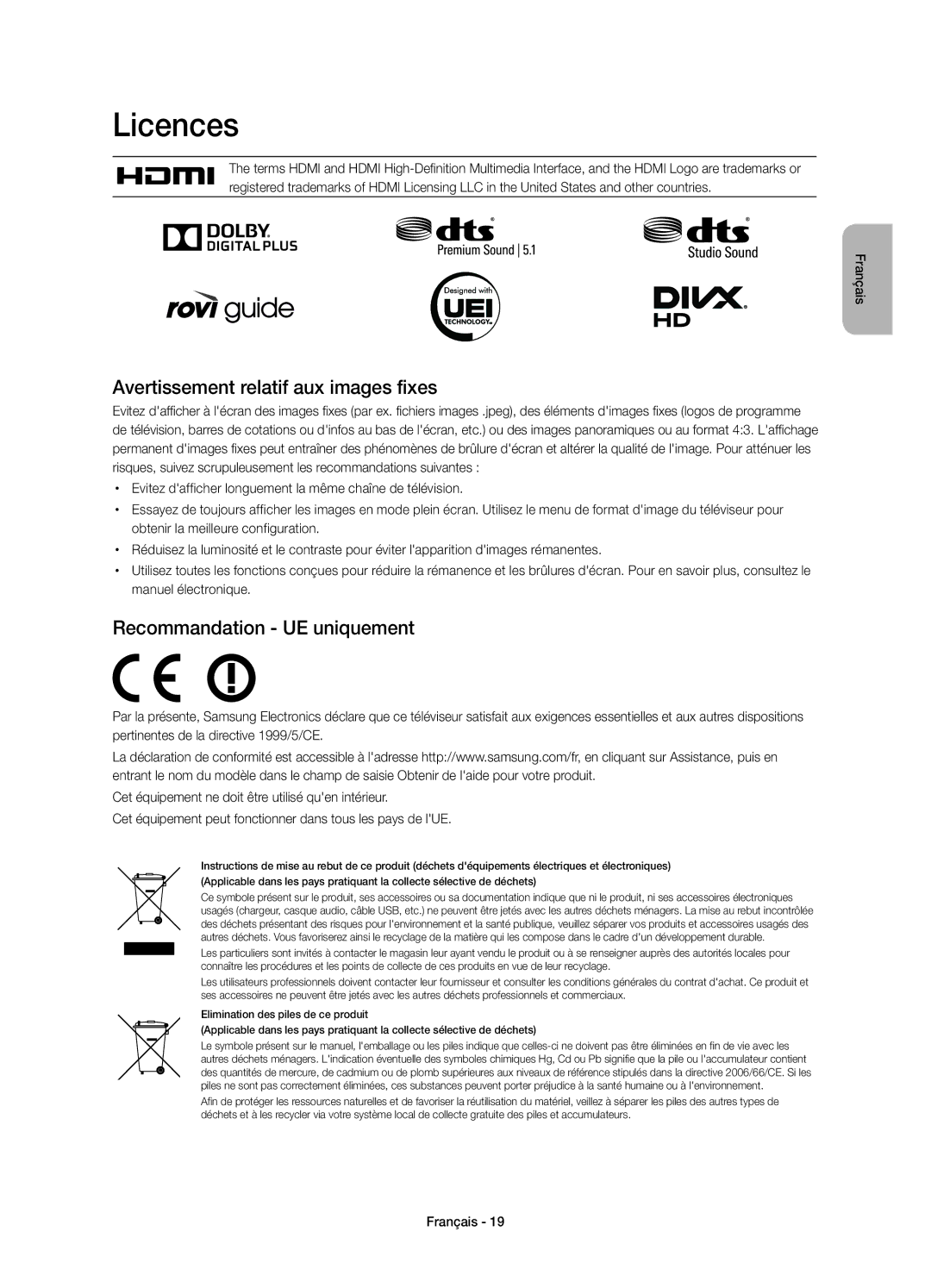 Samsung UE32H4510AWXXC, UE32H4500AWXXH, UE32H4500AWXXC Avertissement relatif aux images fixes, Recommandation UE uniquement 