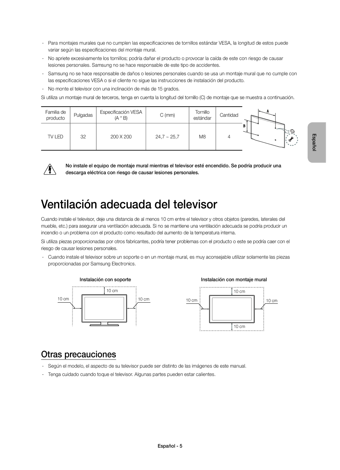 Samsung UE32H4500AWXXC, UE32H4500AWXXH, UE32H4510AWXXC manual Ventilación adecuada del televisor, Otras precauciones 