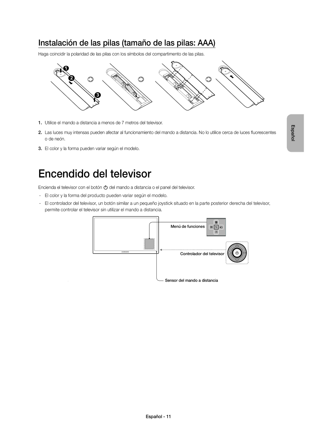 Samsung UE32H4500AWXXC, UE32H4500AWXXH manual Encendido del televisor, Instalación de las pilas tamaño de las pilas AAA 