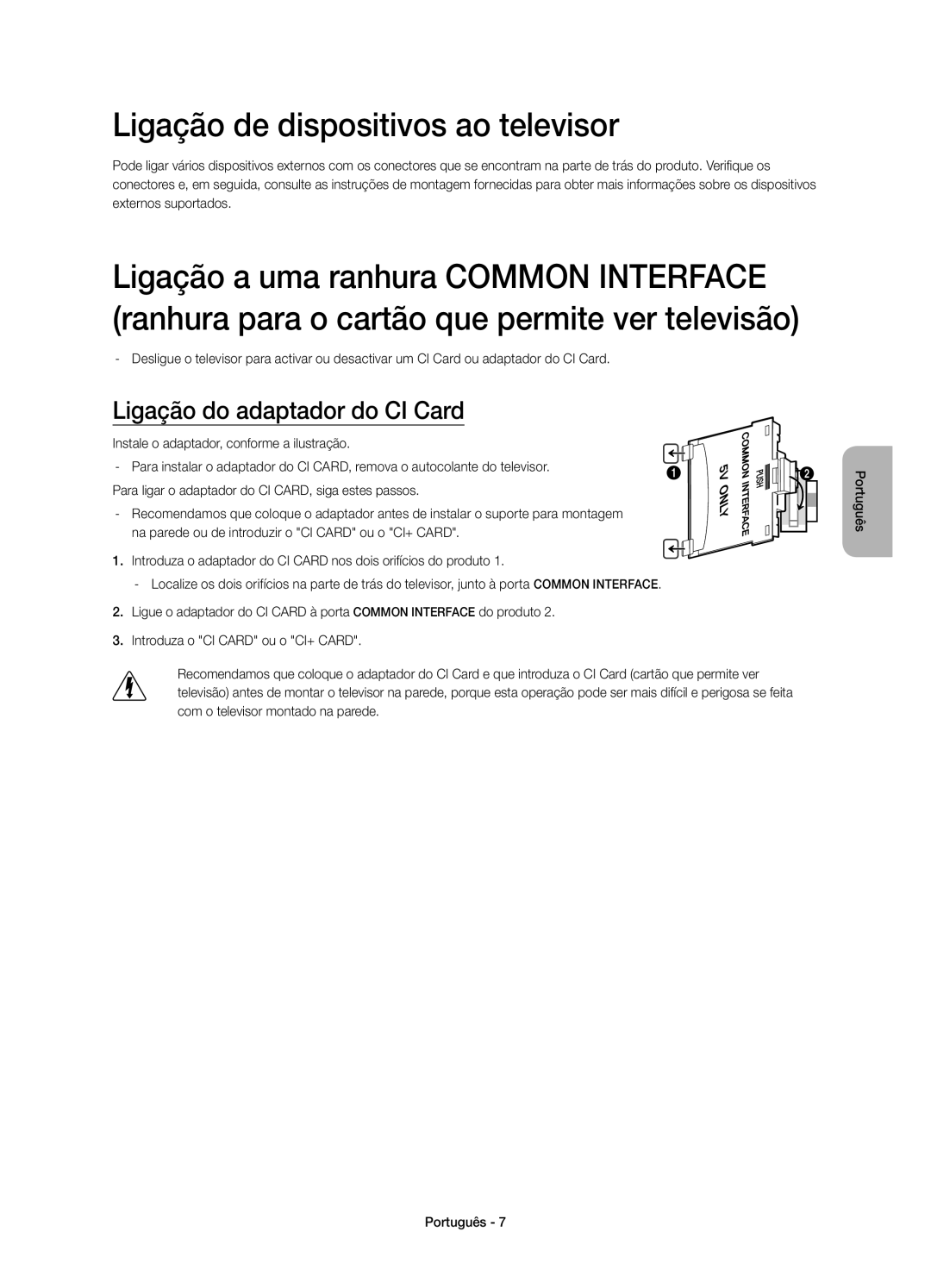 Samsung UE32H4510AWXXC, UE32H4500AWXXH manual Ligação de dispositivos ao televisor, Ligação do adaptador do CI Card 