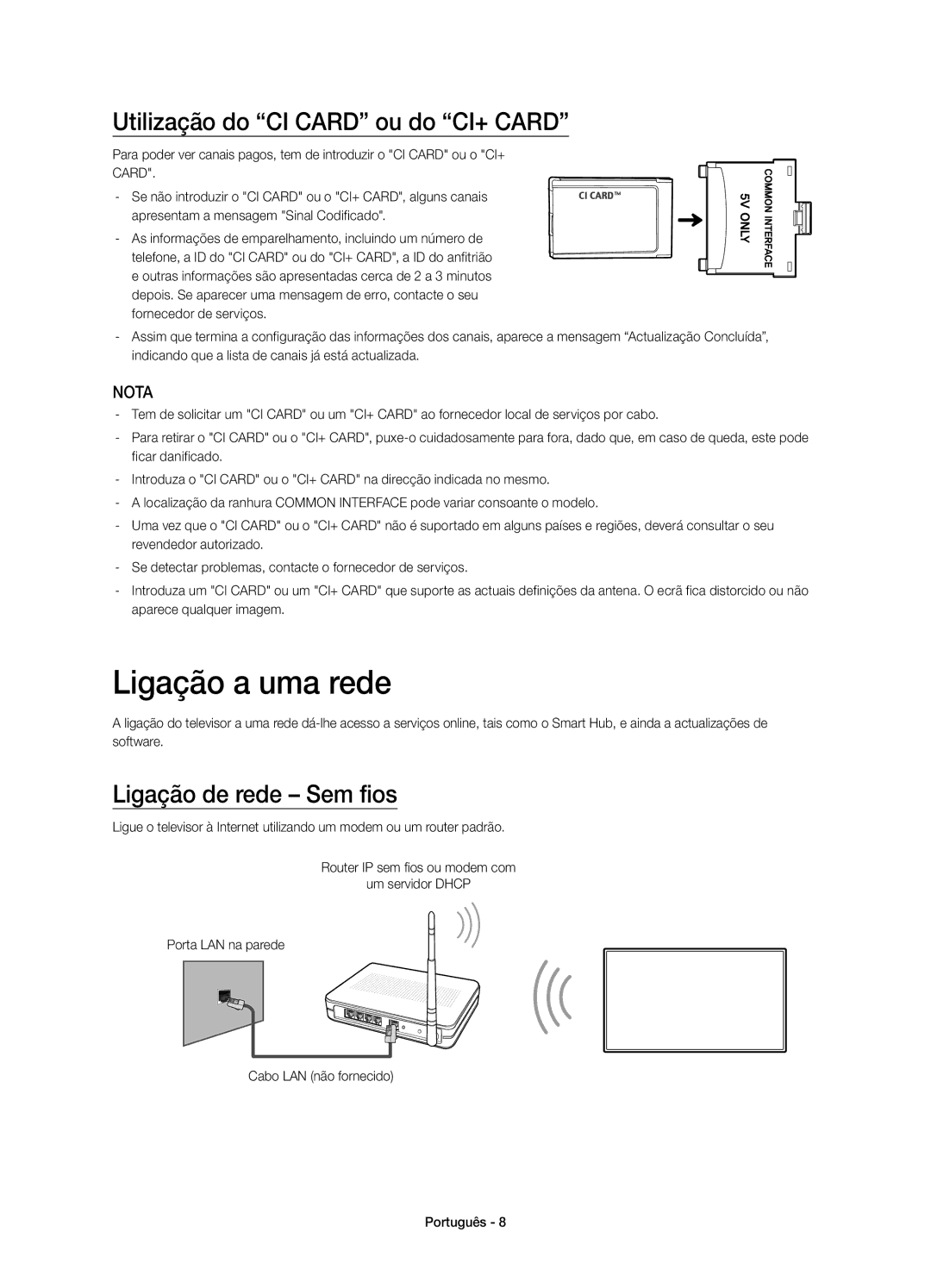 Samsung UE32H4500AWXXC, UE32H4500AWXXH Ligação a uma rede, Utilização do CI Card ou do CI+ Card, Ligação de rede Sem fios 