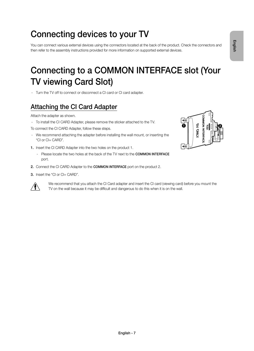 Samsung UE32H4510AWXXC, UE32H4500AWXXH, UE32H4500AWXXC manual Connecting devices to your TV, Attaching the CI Card Adapter 