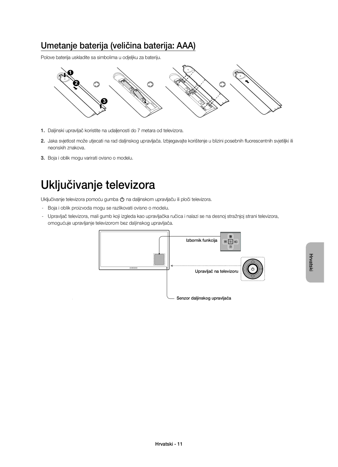 Samsung UE32H4500AWXXC, UE32H4500AWXXH, UE32H4510AWXXH Uključivanje televizora, Umetanje baterija veličina baterija AAA 