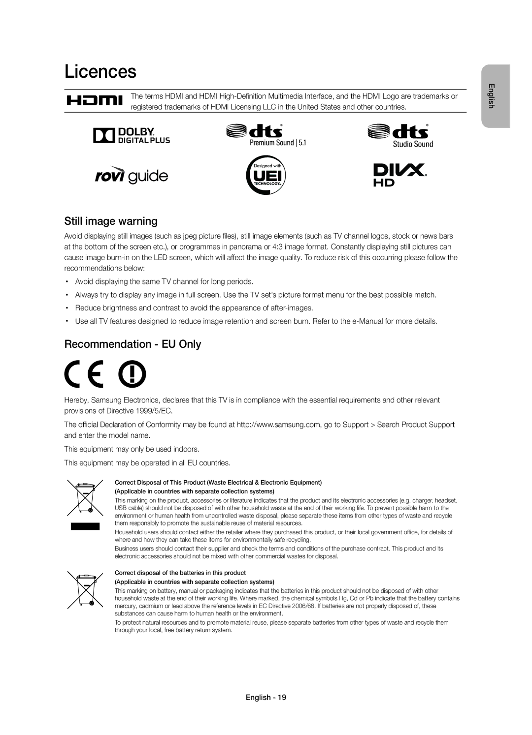 Samsung UE32H4510AWXZF, UE32H4500AWXXH, UE32H4510AWXXH, UE32H4500AWXZF Licences, Still image warning, Recommendation EU Only 