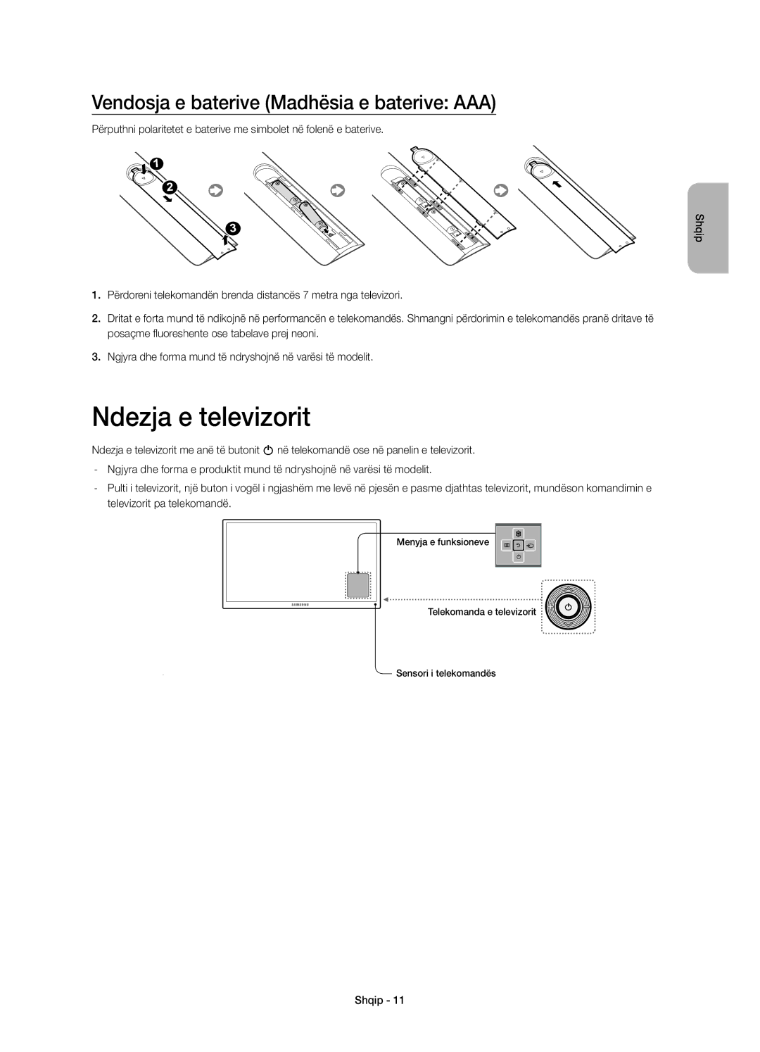 Samsung UE32H4500AWXXN, UE32H4500AWXXH, UE32H4510AWXXH Ndezja e televizorit, Vendosja e baterive Madhësia e baterive AAA 