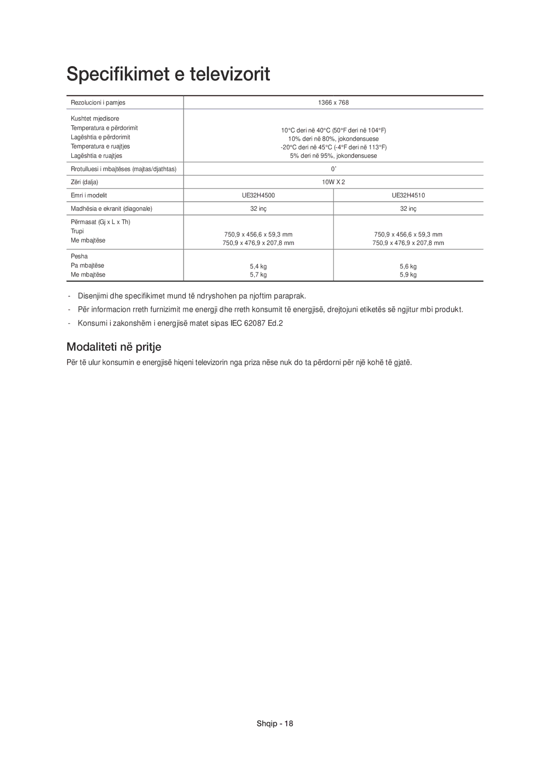 Samsung UE32H4510AWXXN, UE32H4500AWXXH, UE32H4510AWXXH, UE32H4500AWXZF manual Specifikimet e televizorit, Modaliteti në pritje 