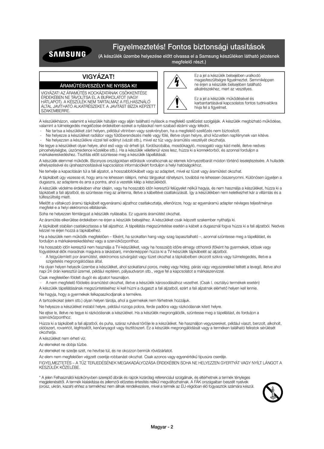 Samsung UE32H4510AWXXC, UE32H4500AWXXH, UE32H4510AWXXH, UE32H4500AWXZF Figyelmeztetés! Fontos biztonsági utasítások, Magyar 