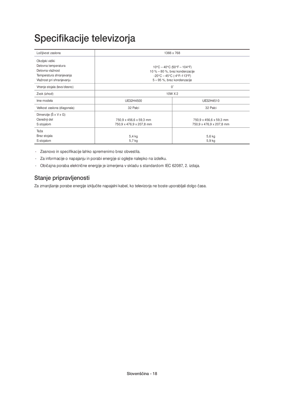 Samsung UE32H4500AWXZF, UE32H4500AWXXH, UE32H4510AWXXH, UE32H4510AWXZF Specifikacije televizorja, Stanje pripravljenosti 