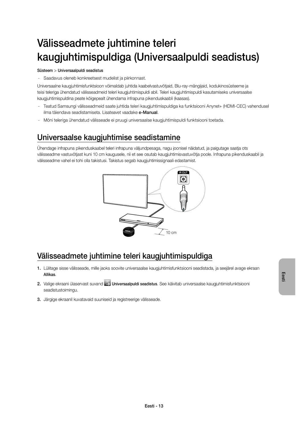 Samsung UE32H4510AWXZF manual Universaalse kaugjuhtimise seadistamine, Välisseadmete juhtimine teleri kaugjuhtimispuldiga 