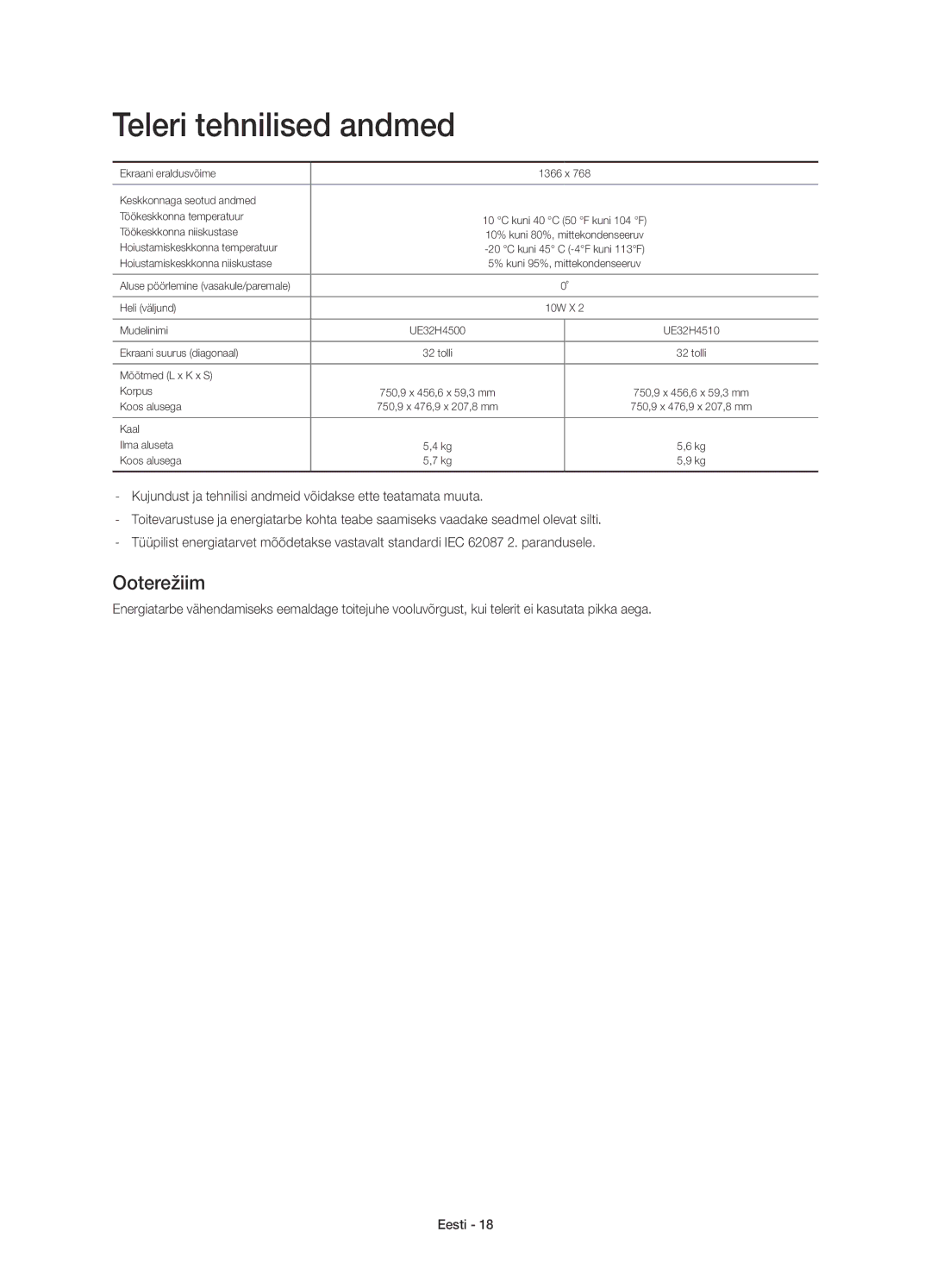 Samsung UE32H4500AWXXH, UE32H4510AWXXH, UE32H4500AWXZF, UE32H4510AWXZF, UE32H4510AWXXC Teleri tehnilised andmed, Ooterežiim 