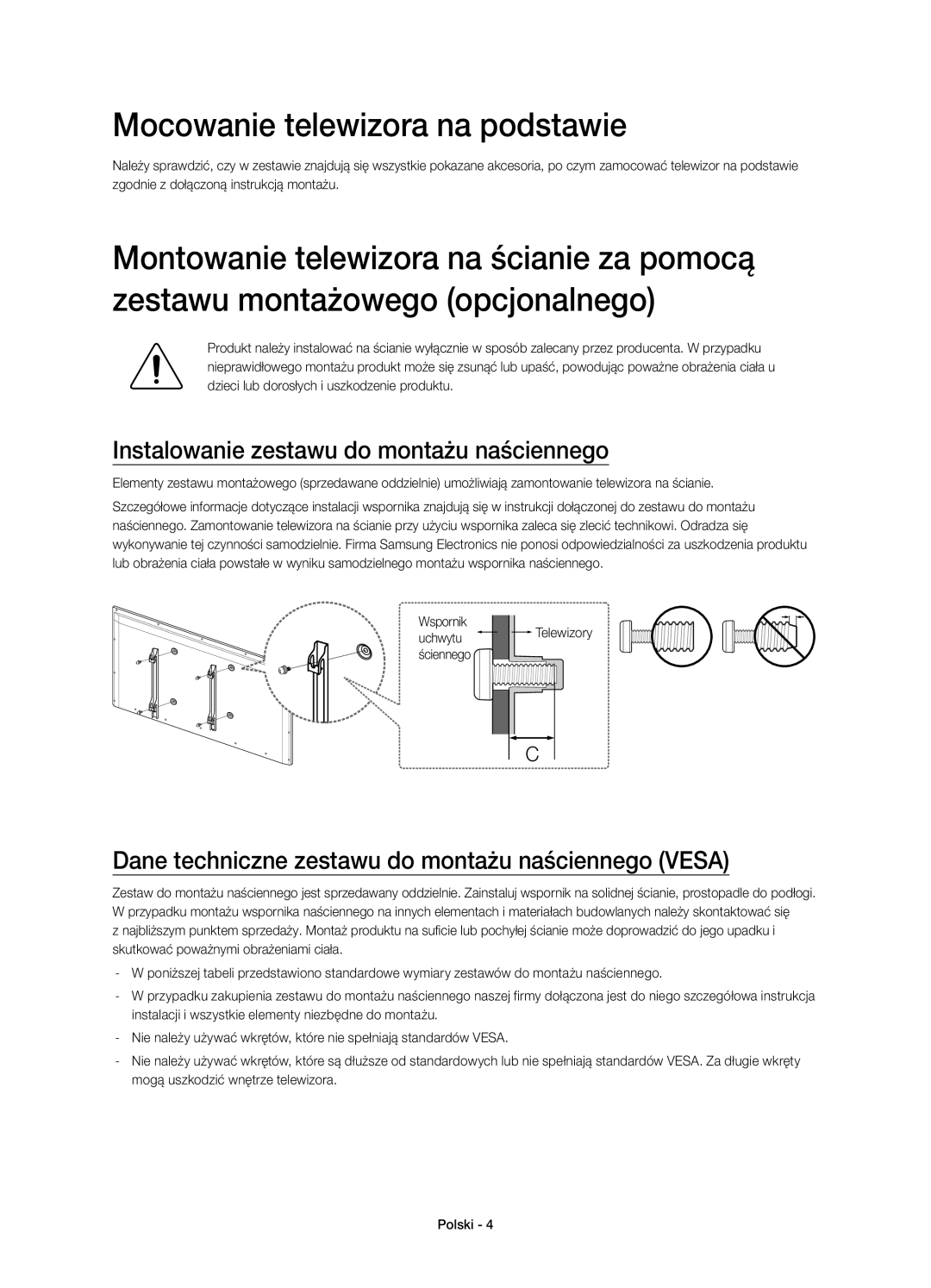 Samsung UE32H4500AWXXH, UE32H4510AWXXH manual Mocowanie telewizora na podstawie, Instalowanie zestawu do montażu naściennego 