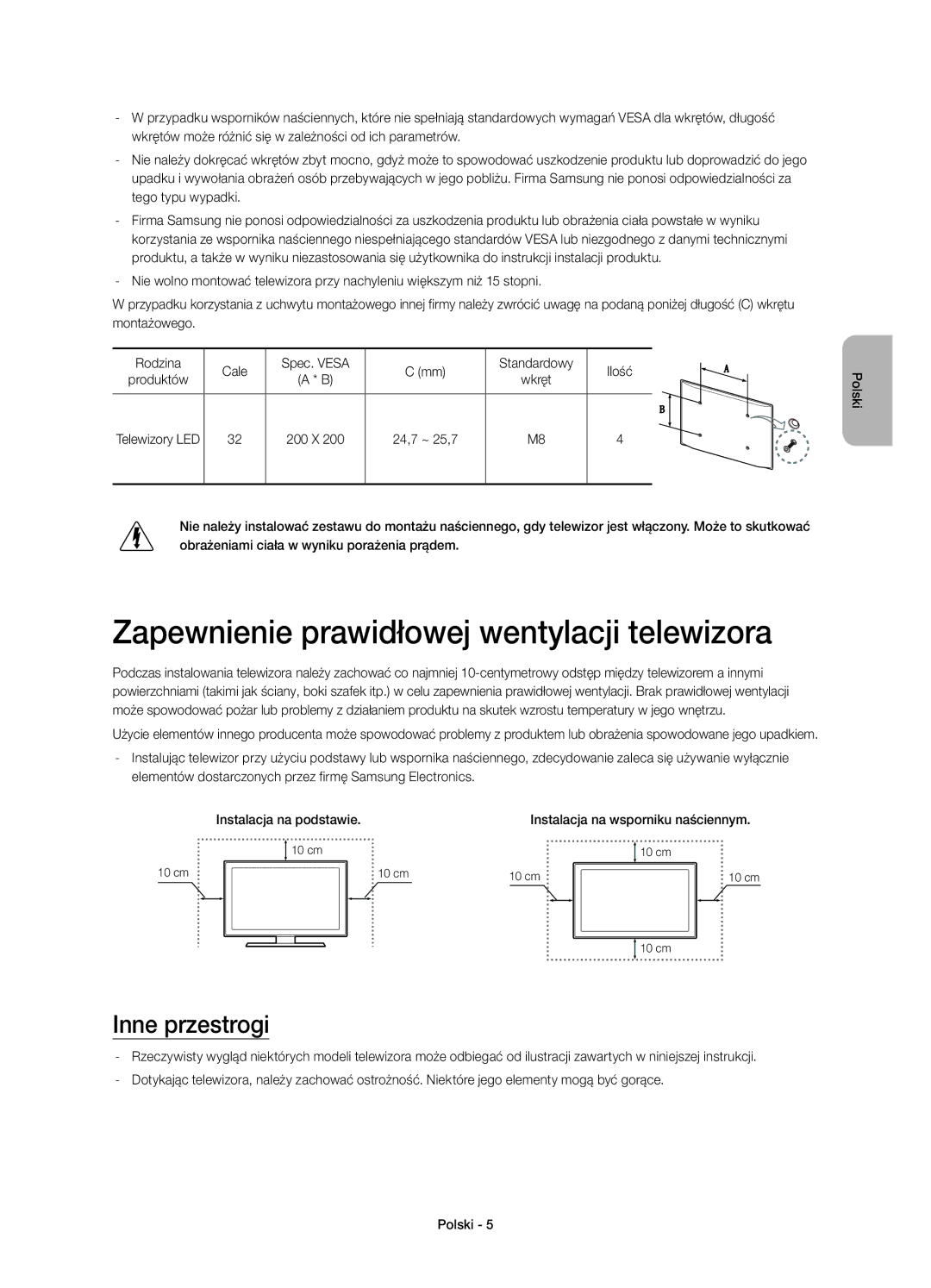 Samsung UE32H4510AWXXH, UE32H4500AWXXH, UE32H4500AWXZF manual Zapewnienie prawidłowej wentylacji telewizora, Inne przestrogi 