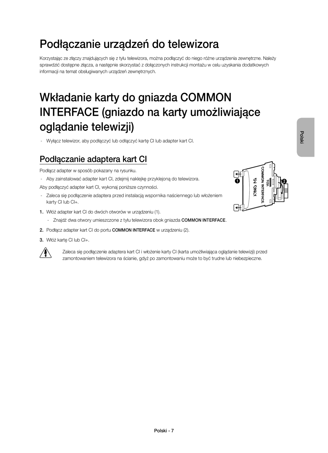 Samsung UE32H4510AWXZF, UE32H4500AWXXH, UE32H4510AWXXH Podłączanie urządzeń do telewizora, Podłączanie adaptera kart CI 