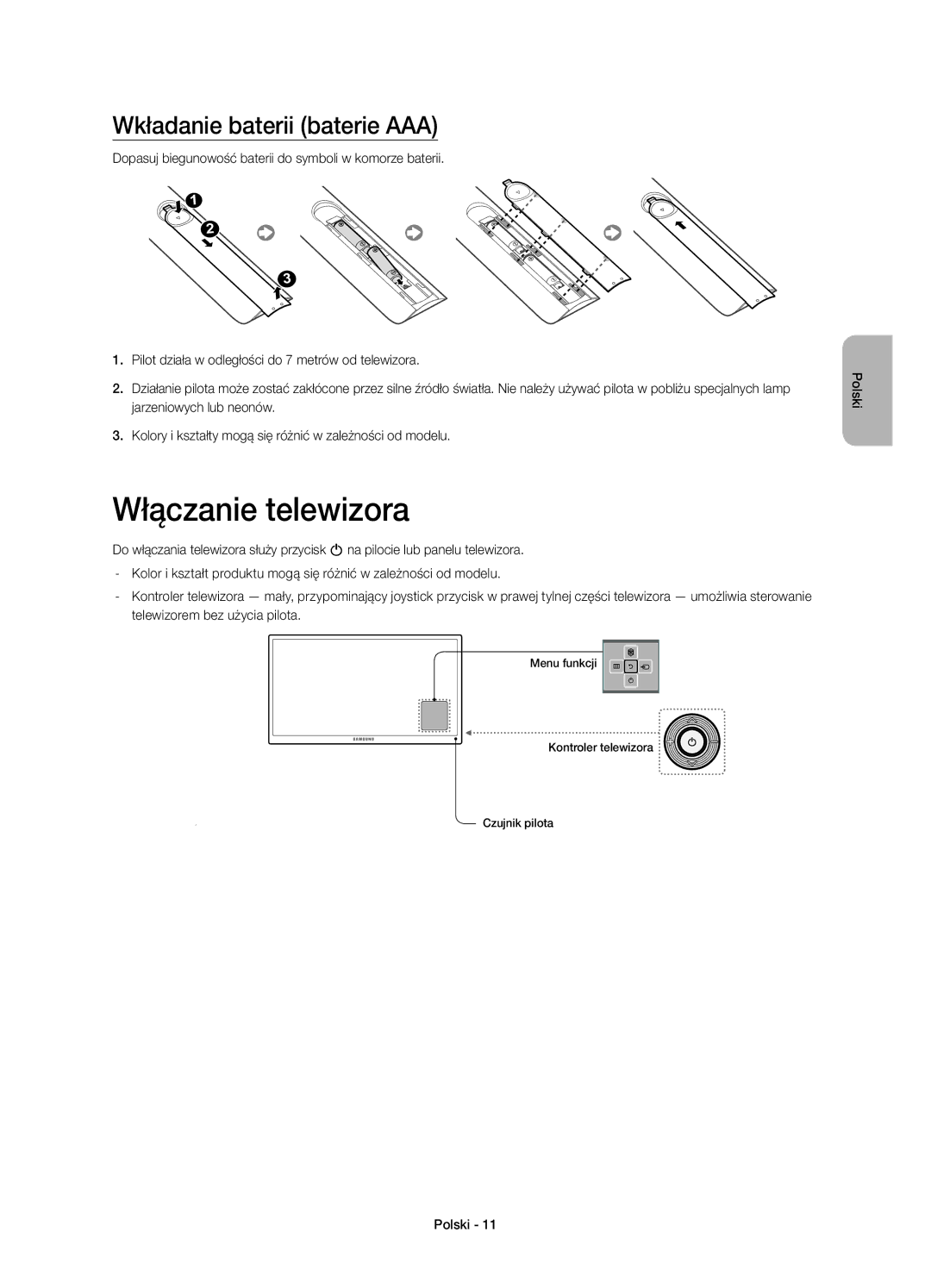 Samsung UE32H4500AWXXN, UE32H4500AWXXH, UE32H4510AWXXH, UE32H4500AWXZF Włączanie telewizora, Wkładanie baterii baterie AAA 