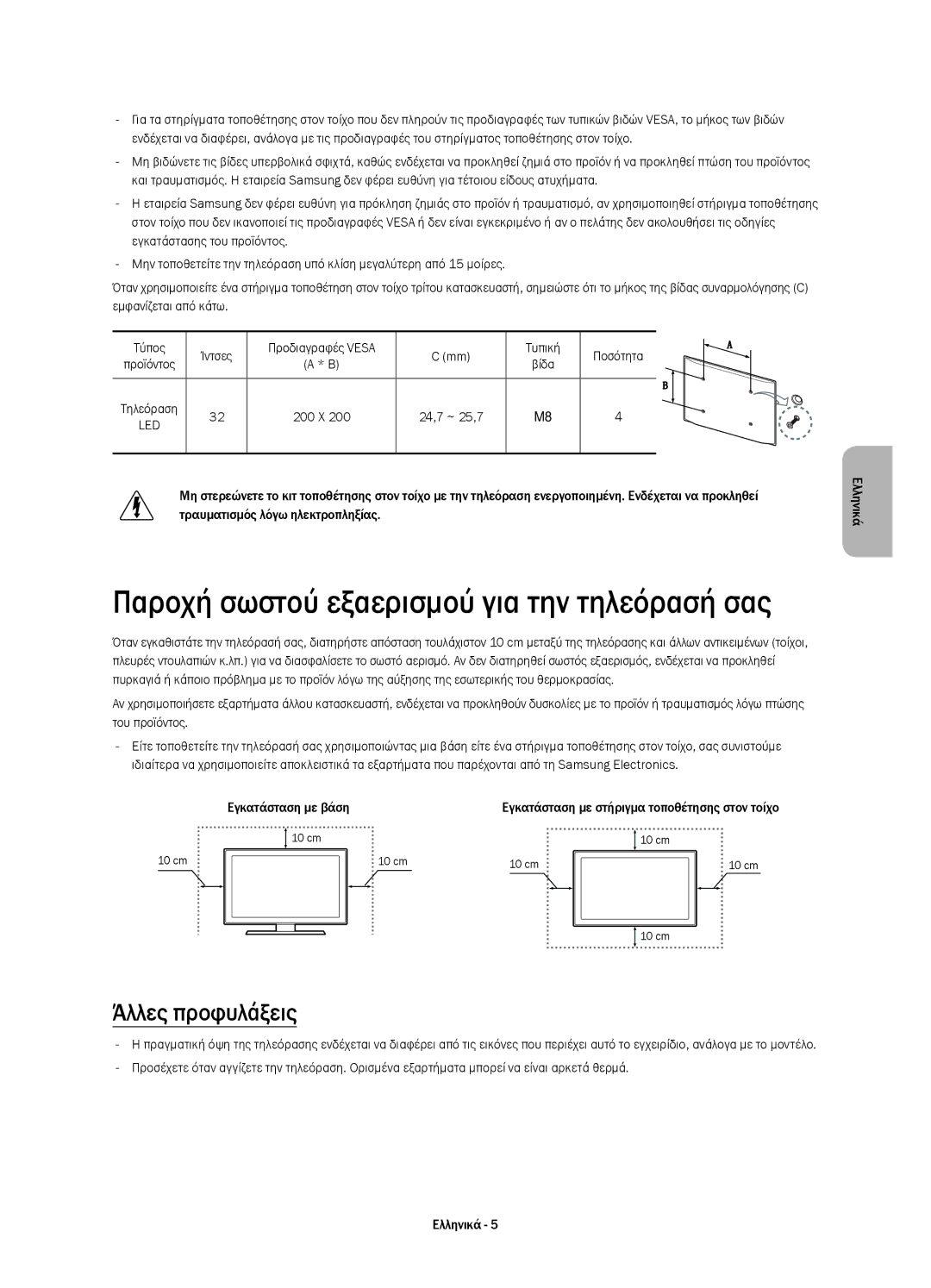 Samsung UE32H4510AWXZF, UE32H4500AWXXH, UE32H4510AWXXH, UE32H4500AWXZF, UE32H4510AWXXC manual Άλλες προφυλάξεις, 24,7 ~ 25,7 