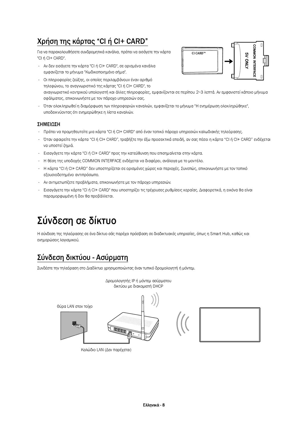 Samsung UE32H4510AWXXN, UE32H4500AWXXH manual Σύνδεση σε δίκτυο, Χρήση της κάρτας CI ή CI+ Card, Σύνδεση δικτύου Ασύρματη 