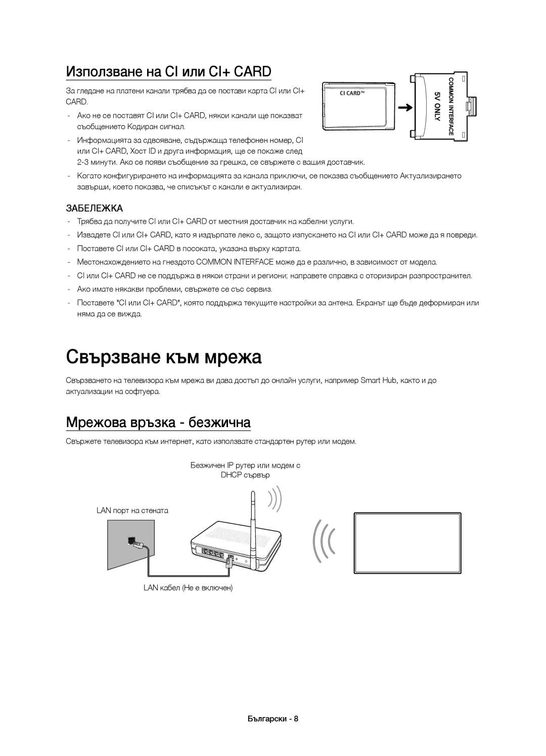 Samsung UE32H4500AWXXH, UE32H4510AWXXH manual Свързване към мрежа, Използване на CI или CI+ Card, Мрежова връзка безжична 