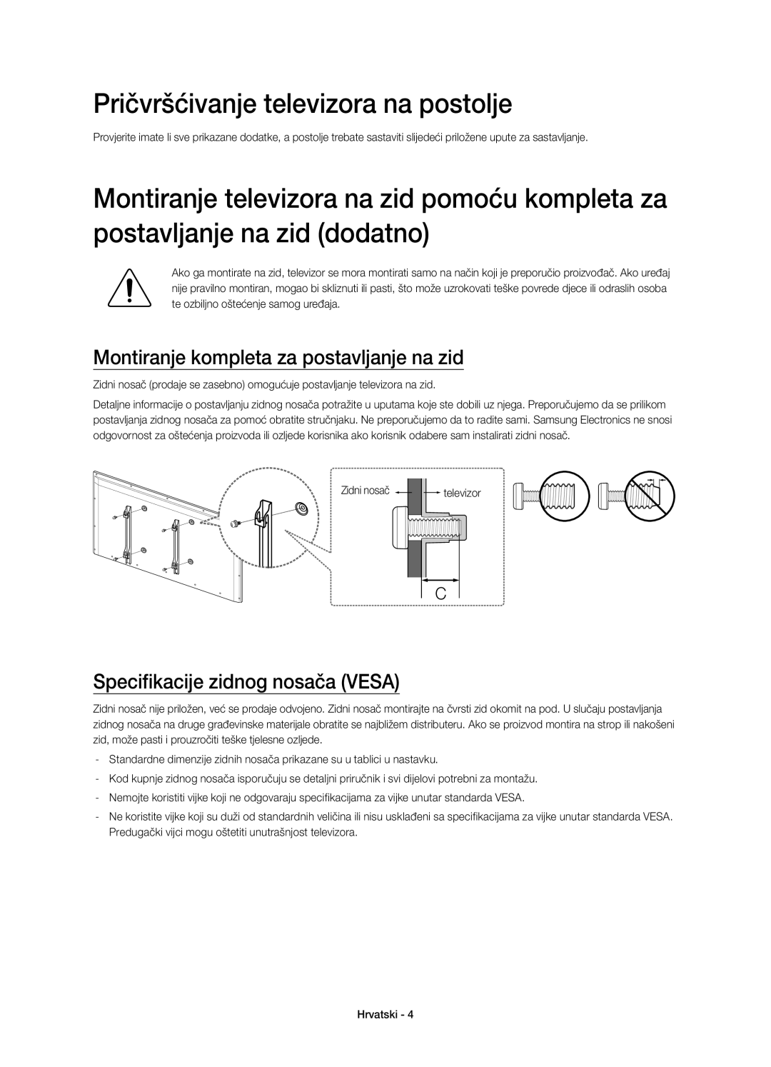 Samsung UE32H4510AWXXN Pričvršćivanje televizora na postolje, Montiranje kompleta za postavljanje na zid, Zidni nosač 