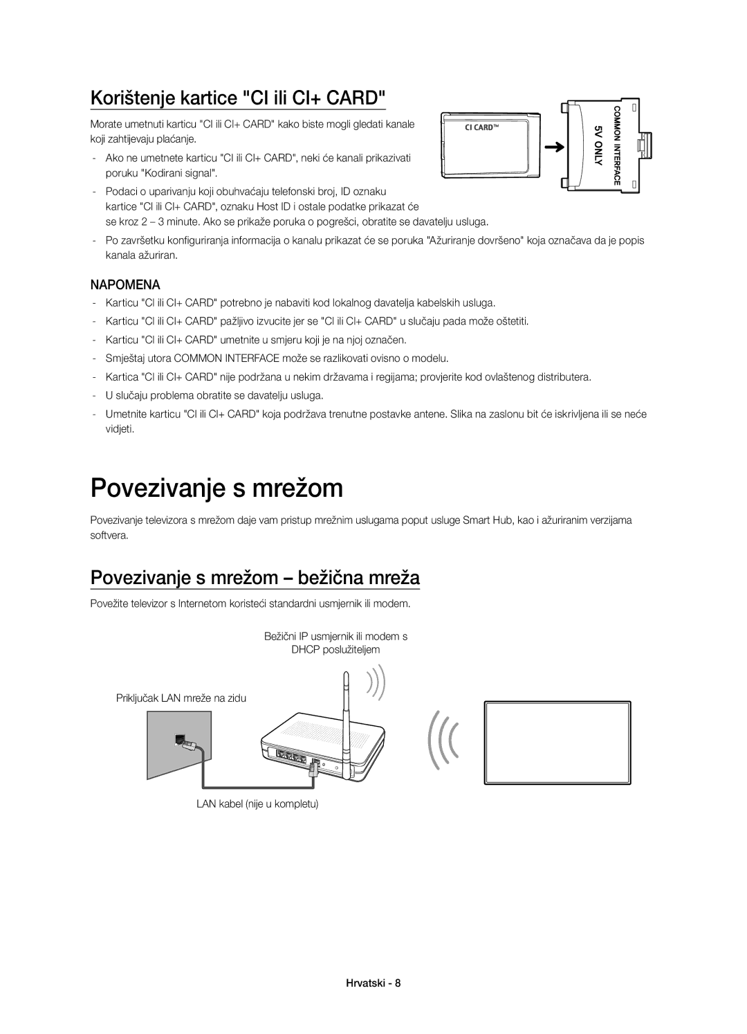 Samsung UE32H4500AWXZF, UE32H4500AWXXH manual Korištenje kartice CI ili CI+ Card, Povezivanje s mrežom bežična mreža 