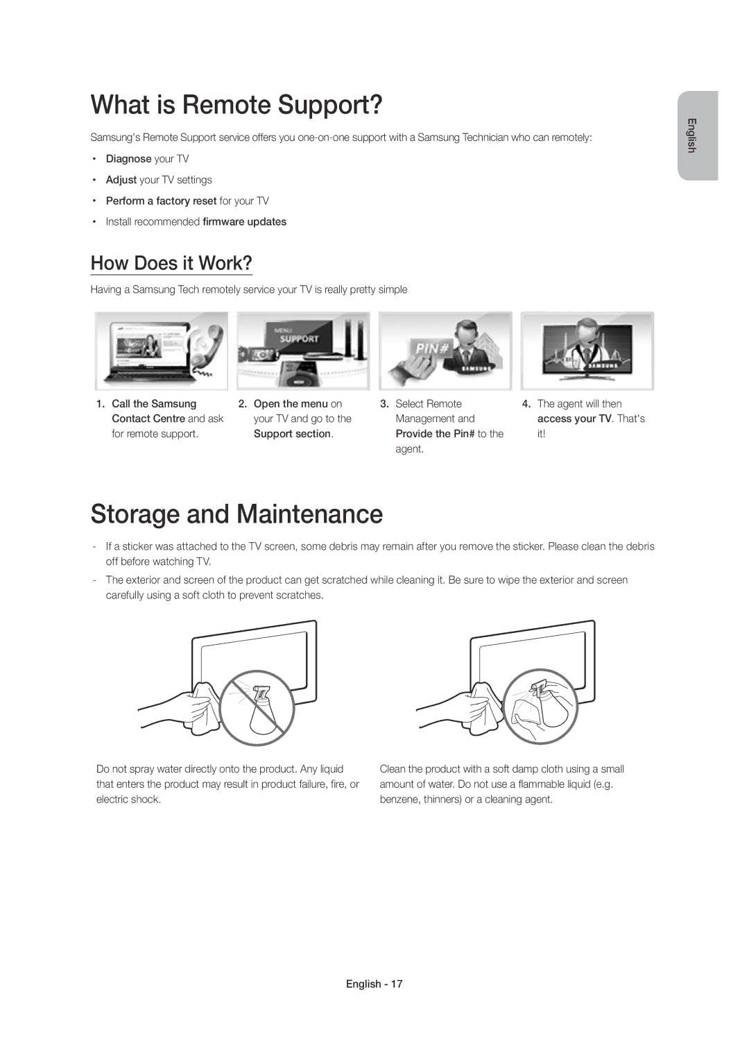 Samsung UE32H4510AWXZF, UE32H4500AWXZF manual What is Remote Support?, Storage and Maintenance, How Does it Work? 