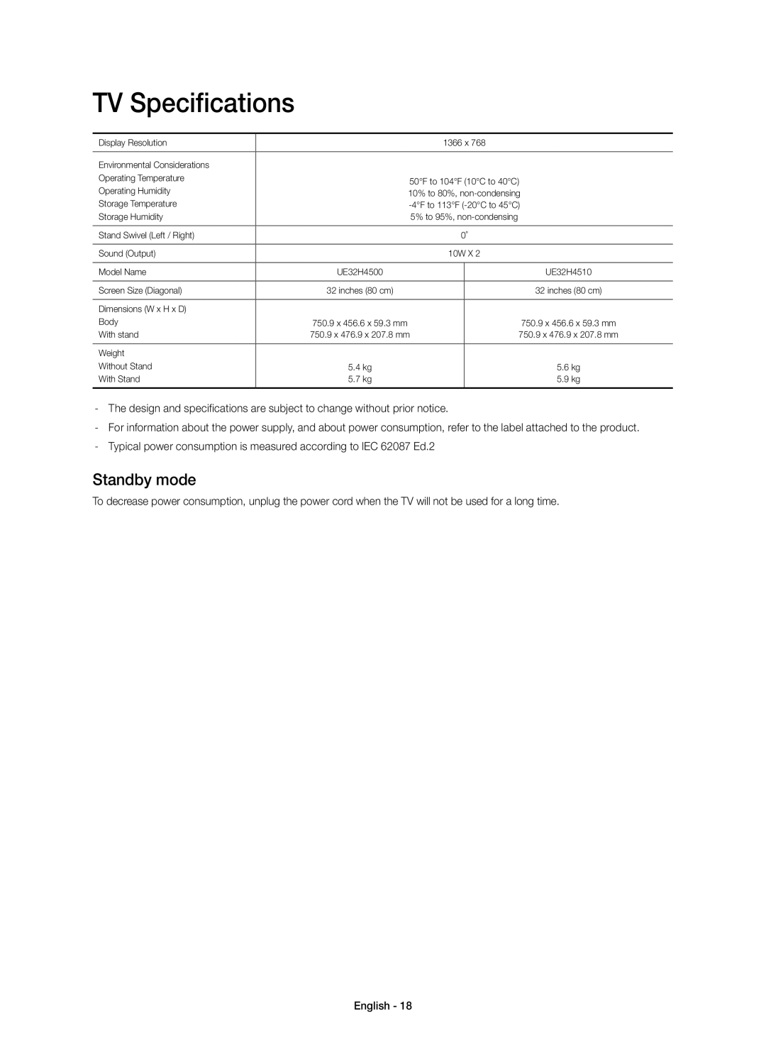 Samsung UE32H4500AWXZF, UE32H4510AWXZF manual TV Specifications, Standby mode 