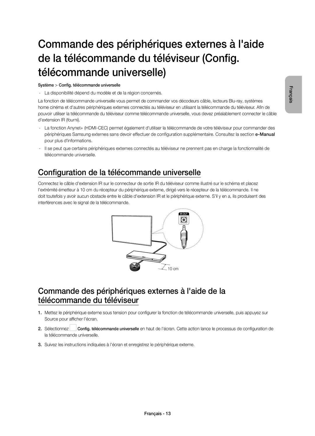 Samsung UE32H4510AWXZF, UE32H4500AWXZF manual Configuration de la télécommande universelle 