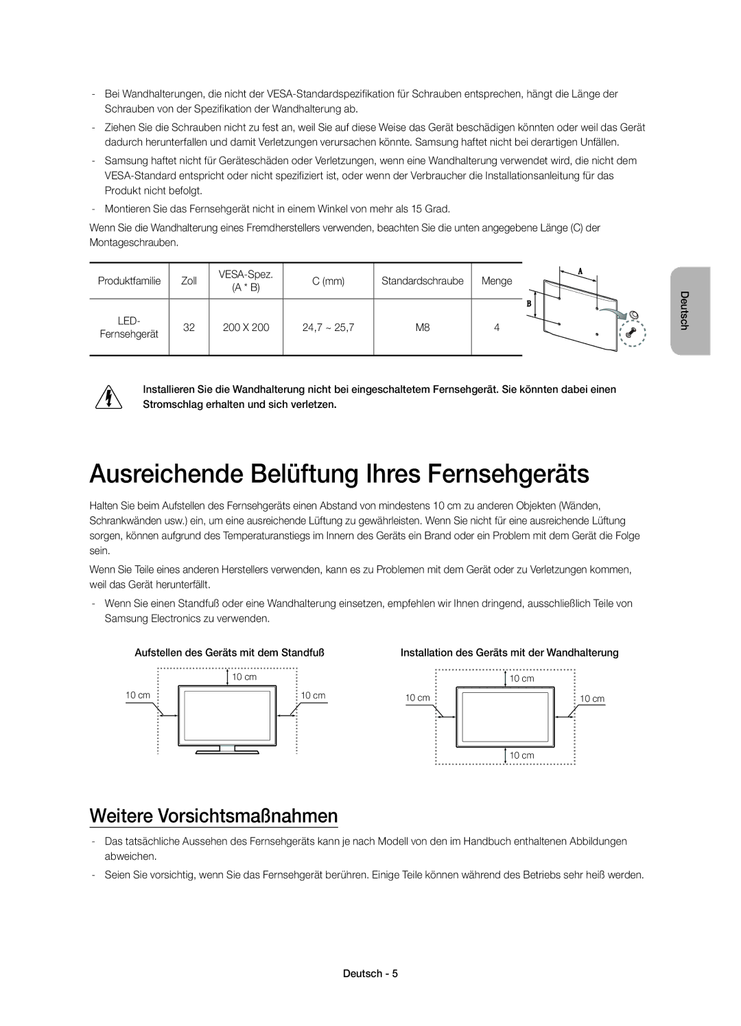 Samsung UE32H4510AWXZF, UE32H4500AWXZF manual Ausreichende Belüftung Ihres Fernsehgeräts, Weitere Vorsichtsmaßnahmen 