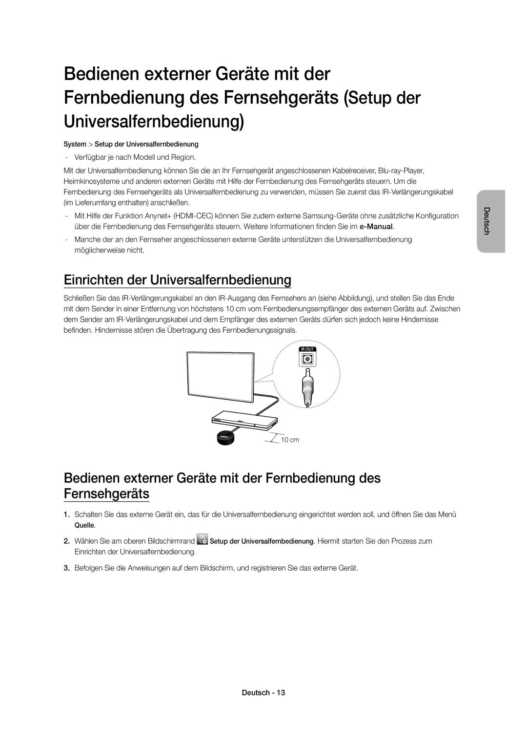 Samsung UE32H4510AWXZF, UE32H4500AWXZF manual Einrichten der Universalfernbedienung 