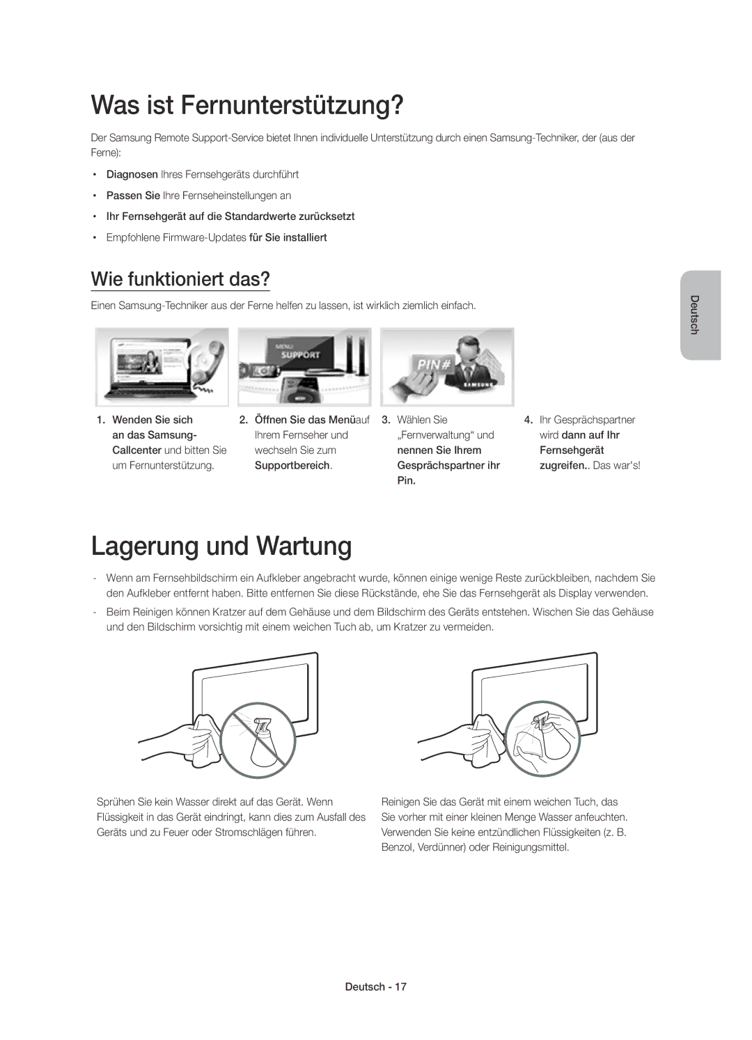 Samsung UE32H4510AWXZF, UE32H4500AWXZF manual Was ist Fernunterstützung?, Lagerung und Wartung, Wie funktioniert das?, Pin 