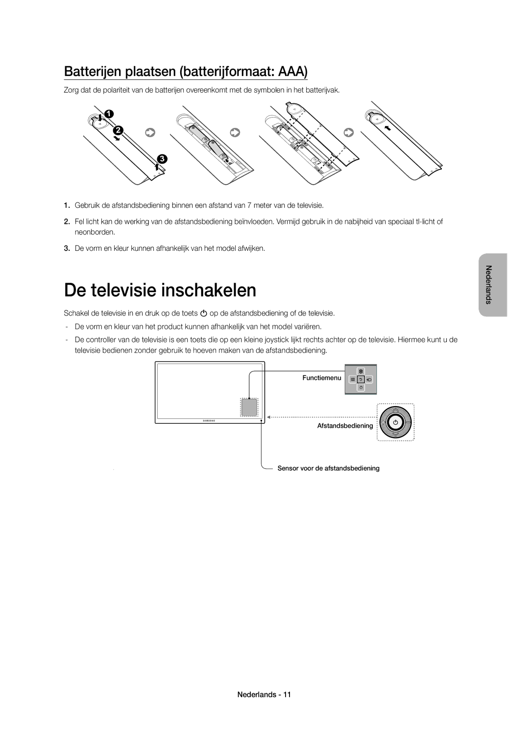 Samsung UE32H4510AWXZF, UE32H4500AWXZF manual De televisie inschakelen, Batterijen plaatsen batterijformaat AAA 