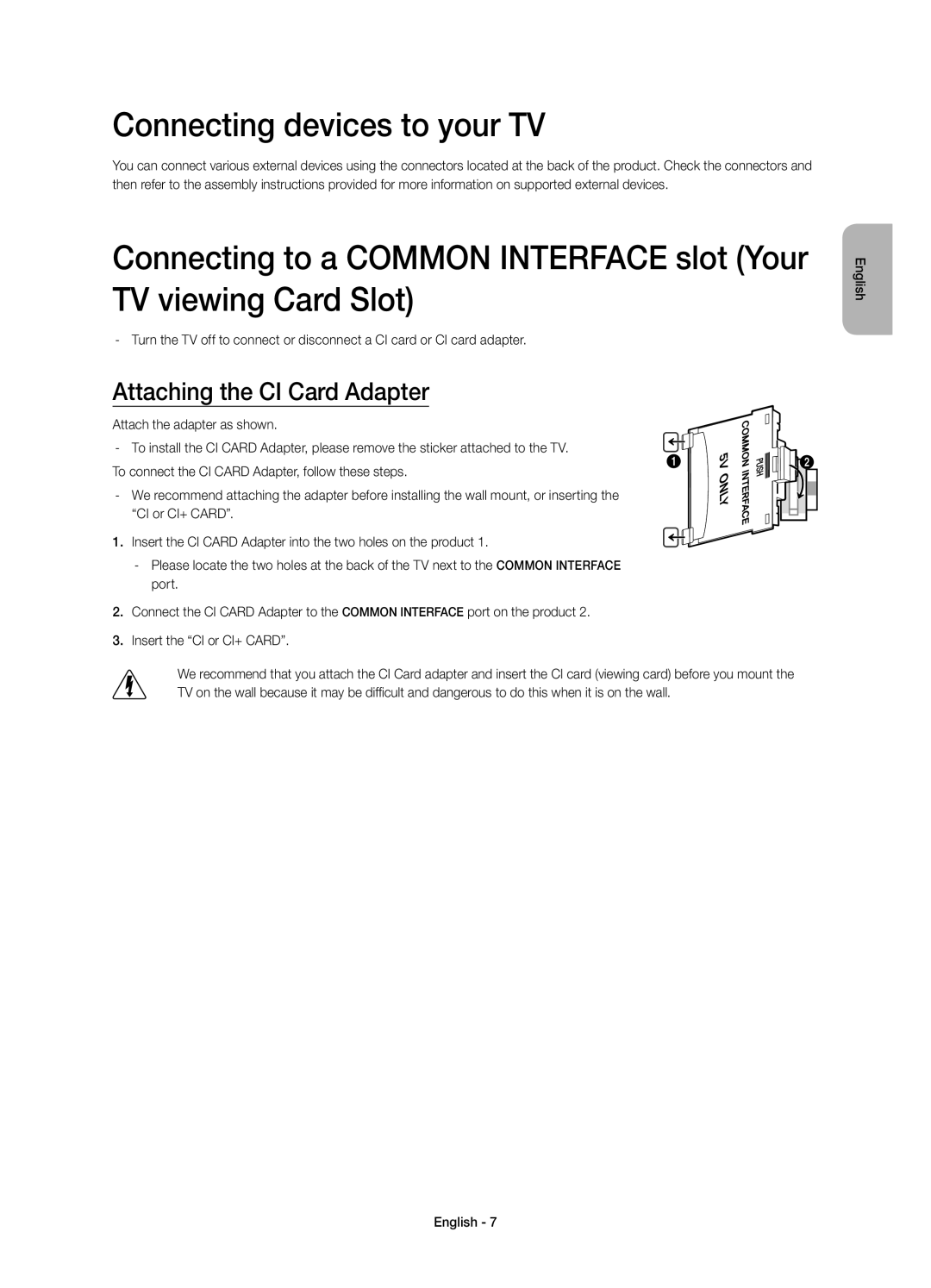 Samsung UE32H4500AKXRU, UE32H4510AKXRU manual Connecting devices to your TV, Attaching the CI Card Adapter 