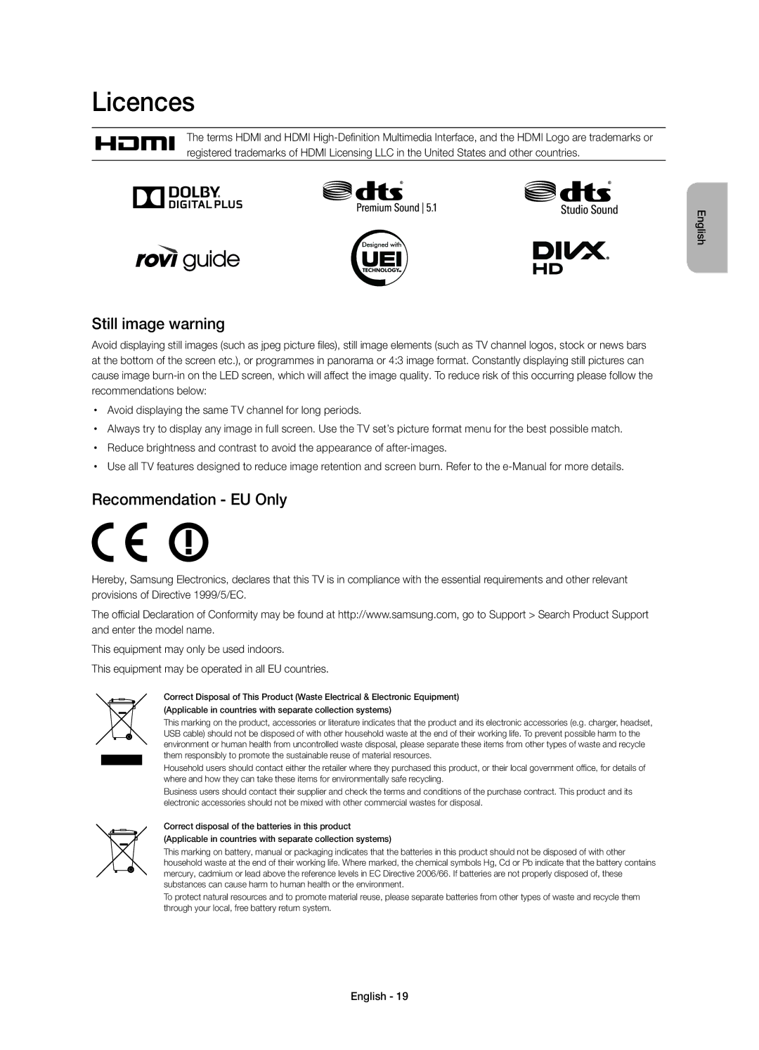 Samsung UE32H4500AKXRU, UE32H4510AKXRU manual Licences, Still image warning, Recommendation EU Only 