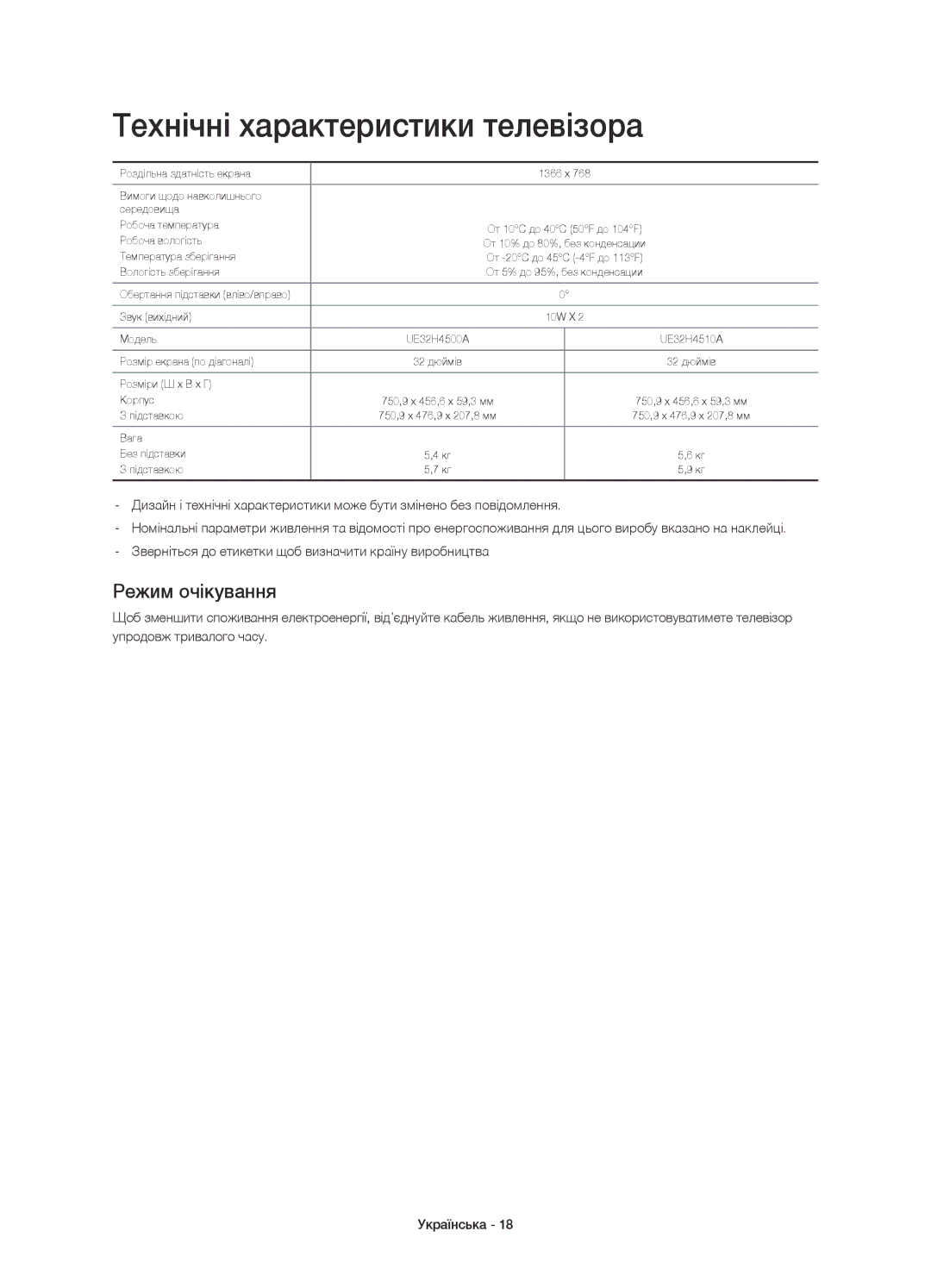 Samsung UE32H4510AKXRU, UE32H4500AKXRU manual Технічні характеристики телевізора, Режим очікування 