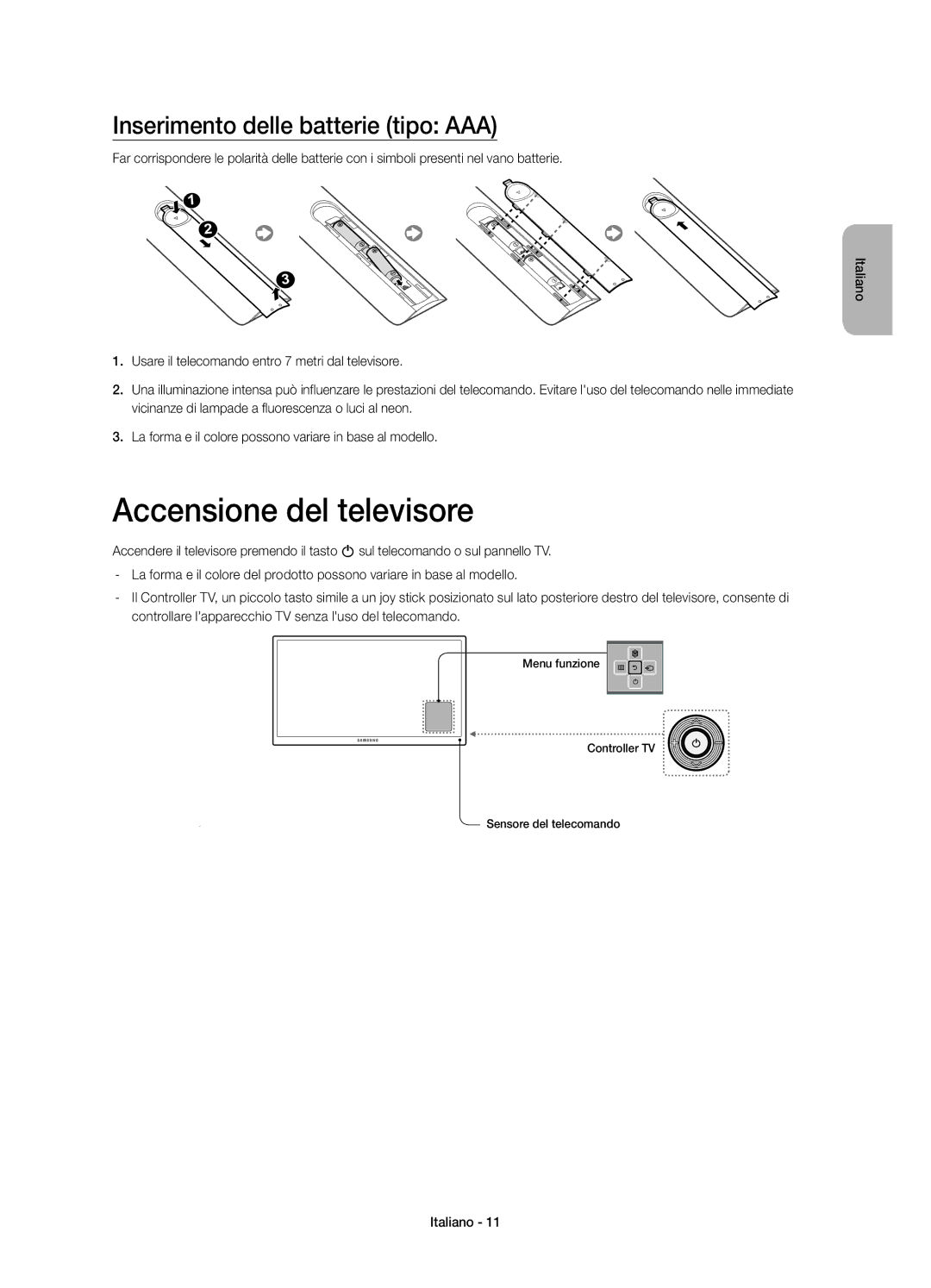 Samsung UE32H4510AYXZT manual Accensione del televisore, Inserimento delle batterie tipo AAA 