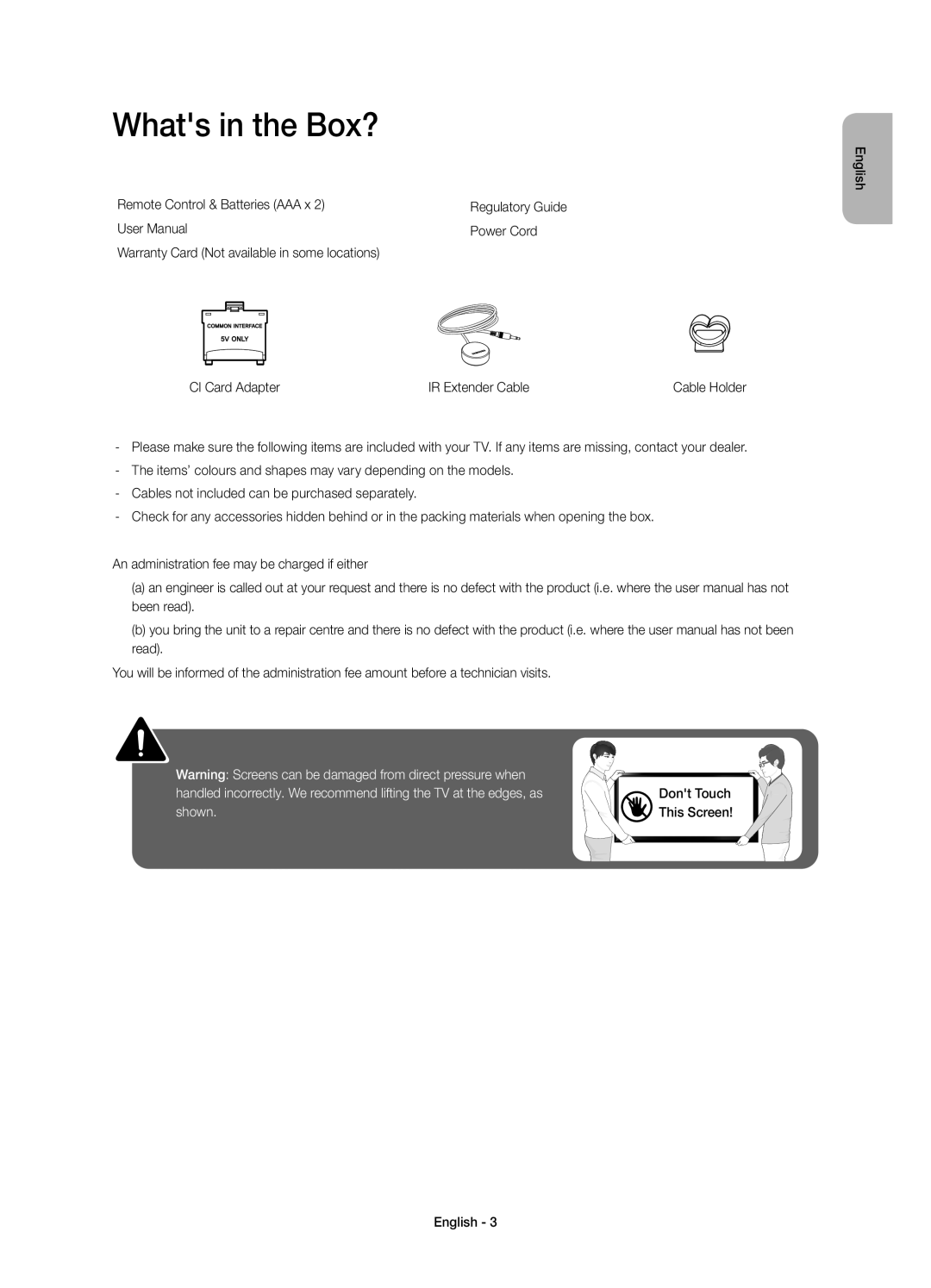 Samsung UE32H4510AYXZT manual Whats in the Box?, Regulatory Guide Power Cord IR Extender Cable 