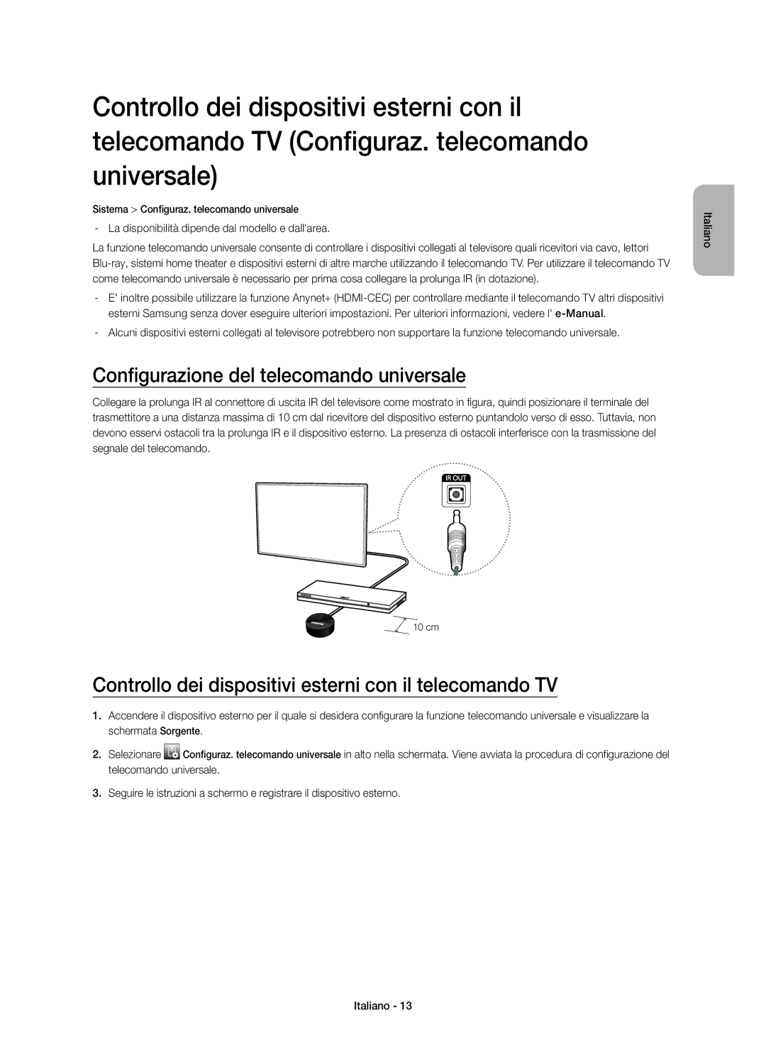 Samsung UE32H4510AYXZT Configurazione del telecomando universale, Controllo dei dispositivi esterni con il telecomando TV 