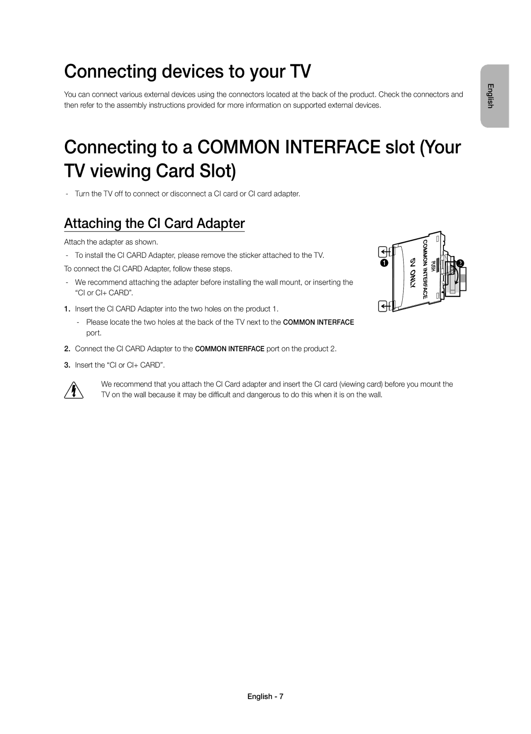 Samsung UE32H4510AYXZT manual Connecting devices to your TV, Attaching the CI Card Adapter 