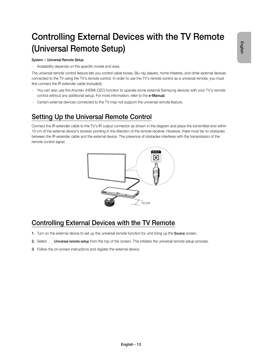 Samsung UE32H4505AKXXE manual Setting Up the Universal Remote Control, Controlling External Devices with the TV Remote 