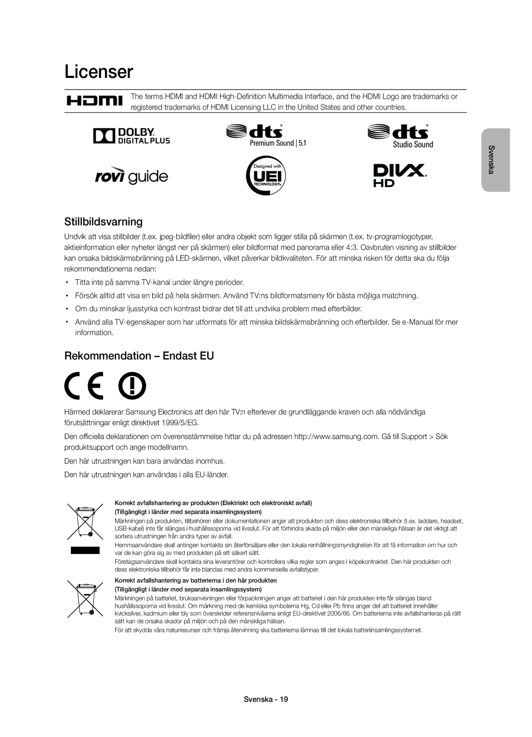 Samsung UE32H4505AKXXE, UE32H4515AKXXE manual Licenser, Stillbildsvarning, Rekommendation Endast EU 