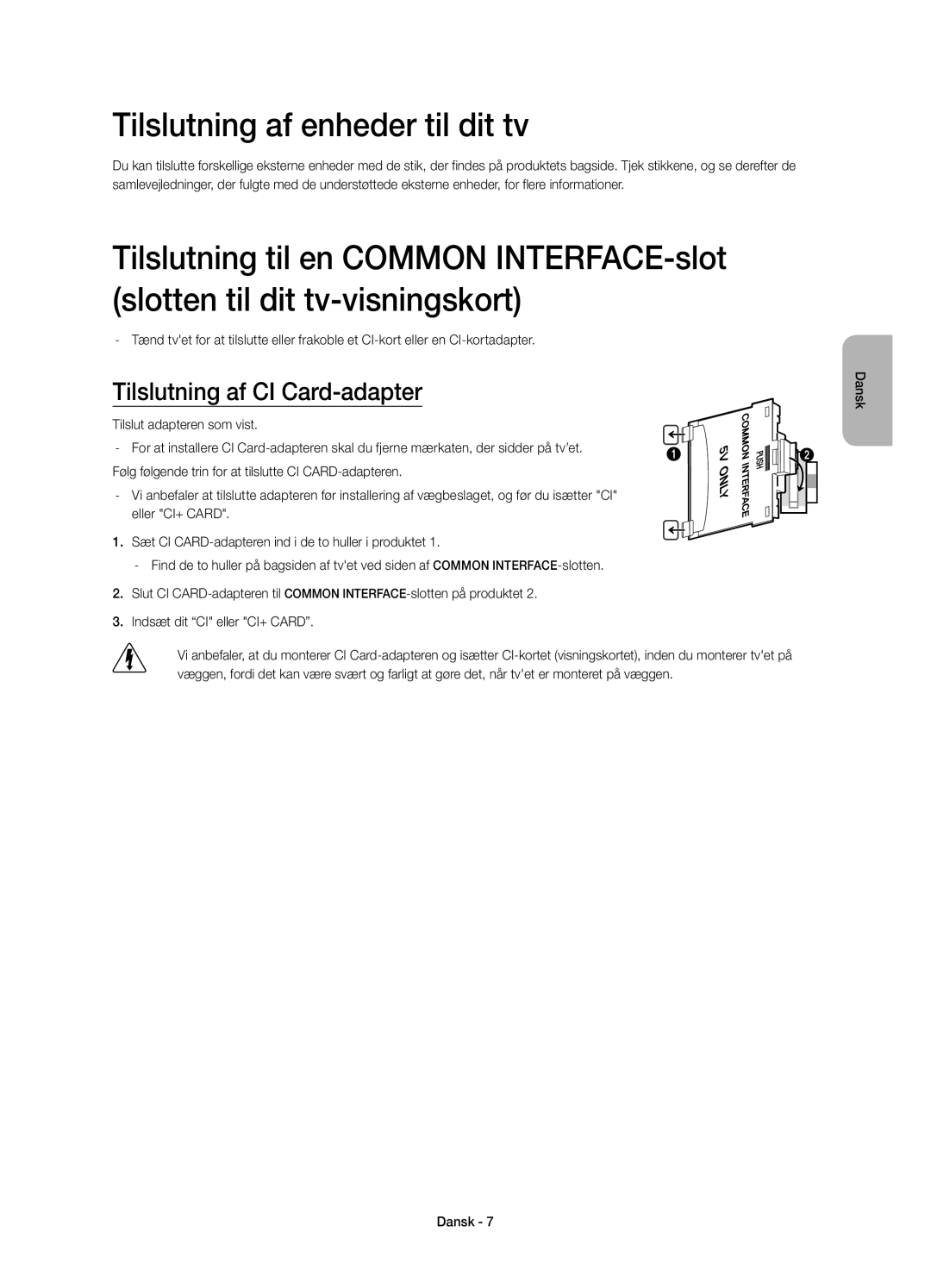 Samsung UE32H4505AKXXE, UE32H4515AKXXE manual Tilslutning af enheder til dit tv, Tilslutning af CI Card-adapter 