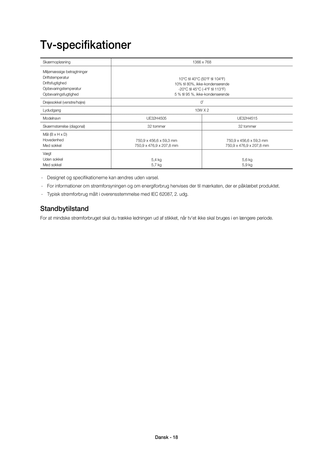 Samsung UE32H4515AKXXE, UE32H4505AKXXE manual Tv-specifikationer, Standbytilstand 