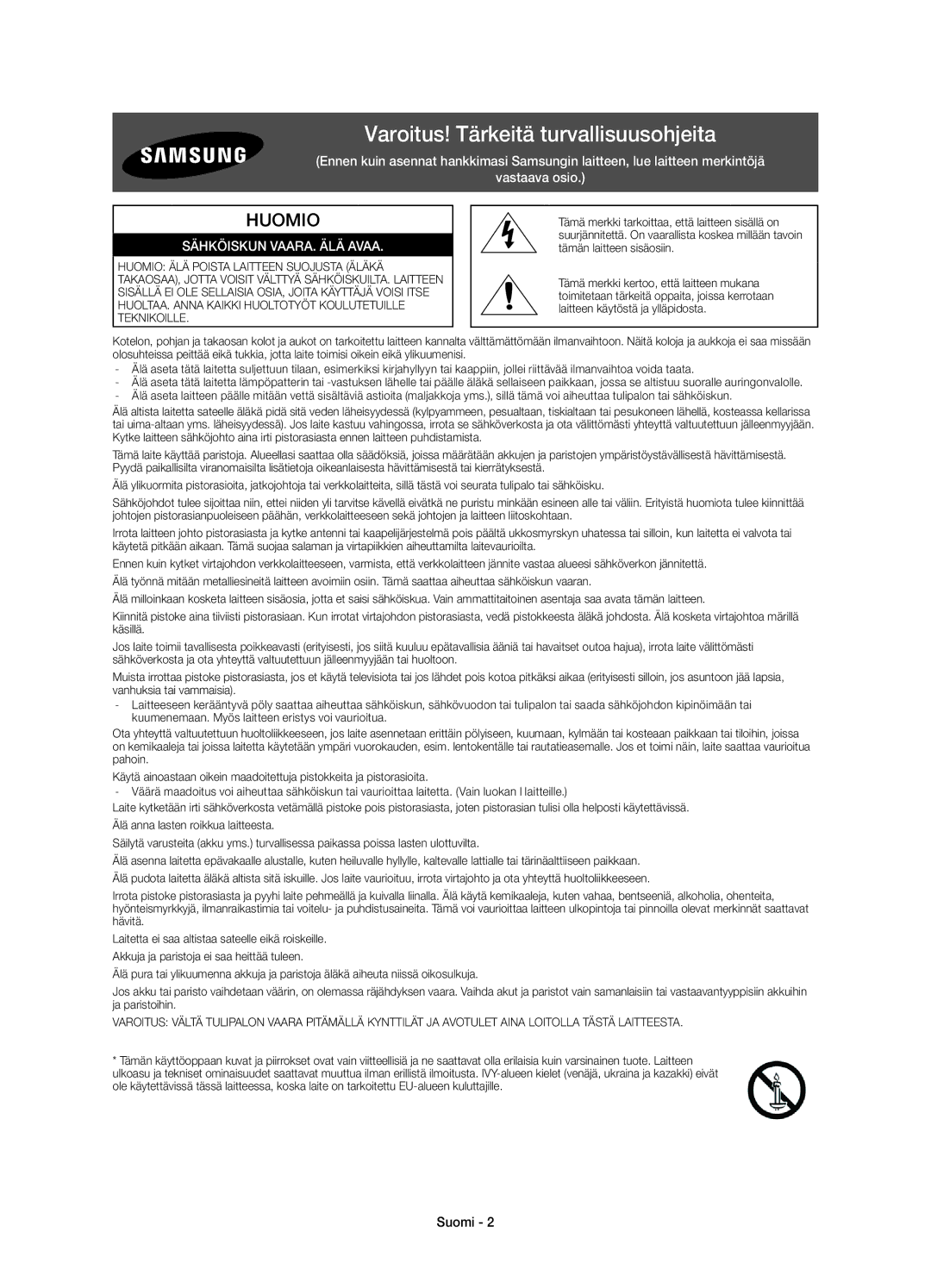 Samsung UE32H4515AKXXE, UE32H4505AKXXE manual Varoitus! Tärkeitä turvallisuusohjeita, Suomi 