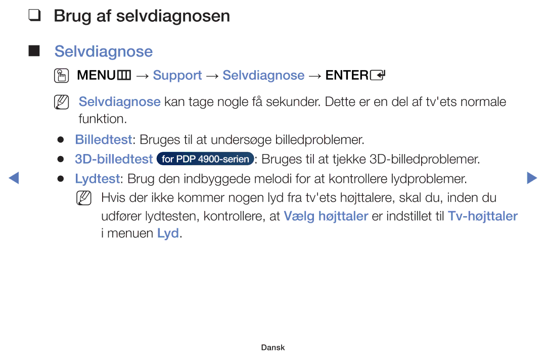 Samsung UE32H4005AKXXE manual Brug af selvdiagnosen, OO MENUm → Support → Selvdiagnose → Entere, 3D-billedtest 