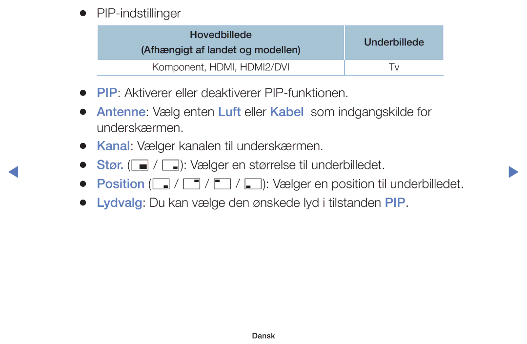 Samsung UE48H4205AWXXE, UE32H5005AKXXE, UE32J4005AKXXE, UE28J4105AKXXE, UE24H4004AWXXE, UE32J5105AKXXE manual PIP-indstillinger 