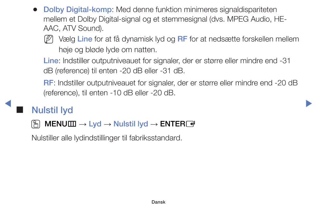 Samsung UE48H5035AKXXE, UE32H5005AKXXE, UE32J4005AKXXE, UE28J4105AKXXE manual OO MENUm → Lyd → Nulstil lyd → Entere 