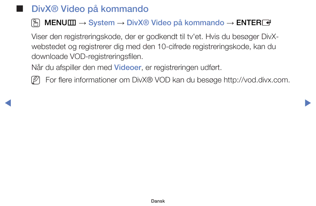 Samsung UE40H5005AKXXE, UE32H5005AKXXE, UE32J4005AKXXE manual OO MENUm → System → DivX Video på kommando → Entere 