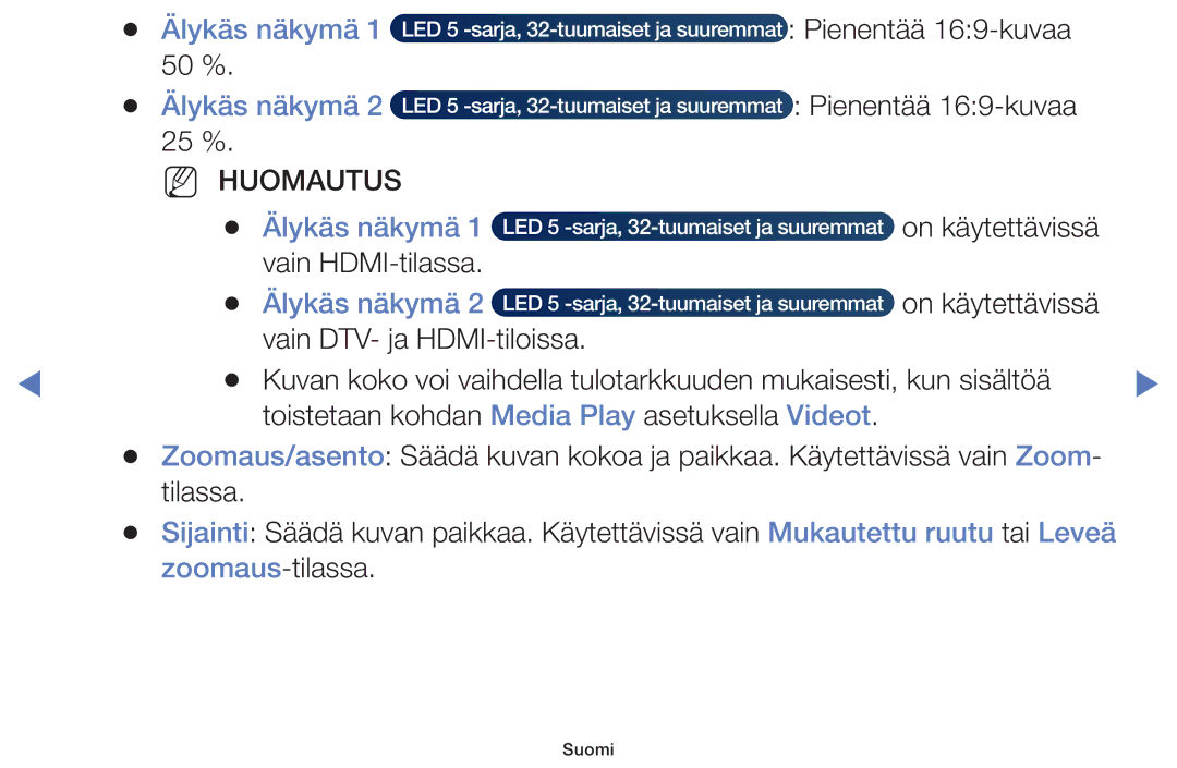 Samsung UE48H5005AKXXE, UE32H5005AKXXE, UE32J4005AKXXE, UE28J4105AKXXE, UE24H4004AWXXE manual Älykäs näkymä, Huomautus 