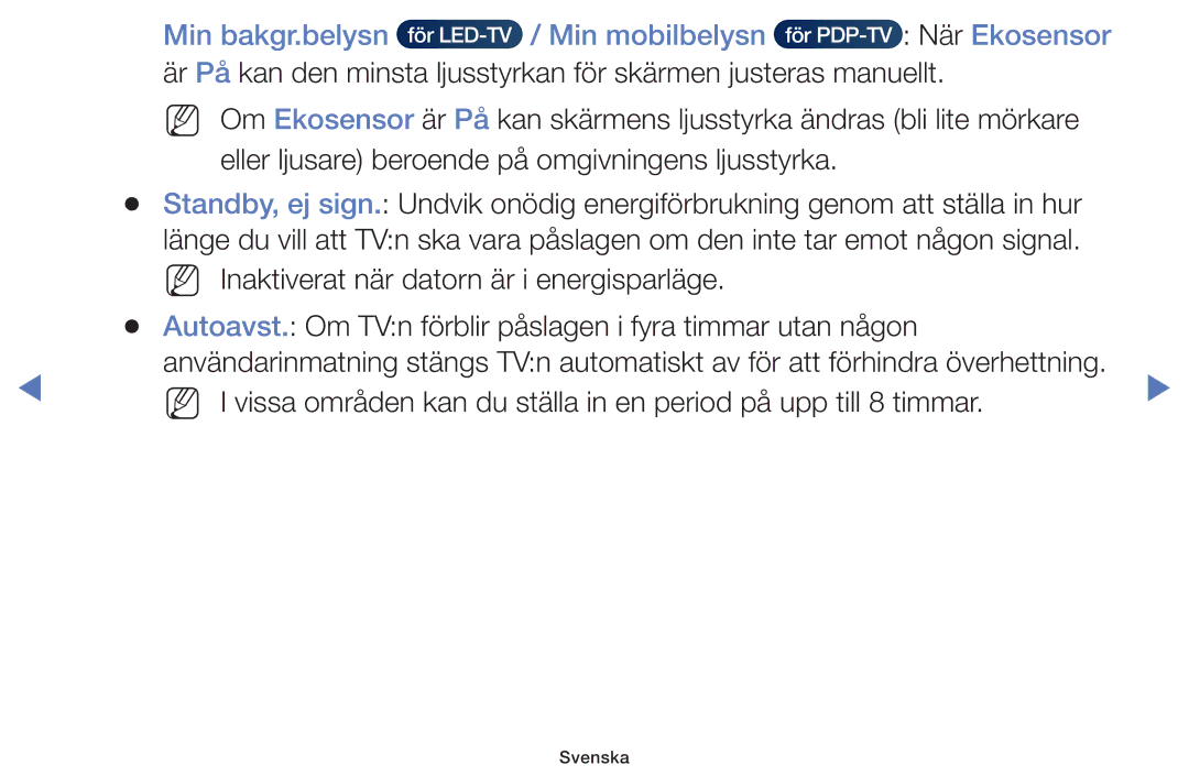 Samsung UE32EH4004WXXE, UE32H5005AKXXE, UE32J4005AKXXE, UE28J4105AKXXE manual Min bakgr.belysn Min mobilbelysn När Ekosensor 